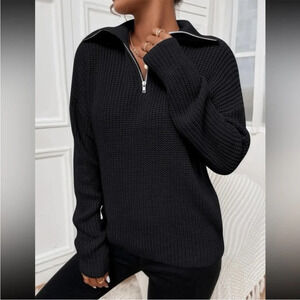 4/$25 SHEIN Black Quarter Zip Knit Sweater Womens Size Medium Black Lapel Collar
